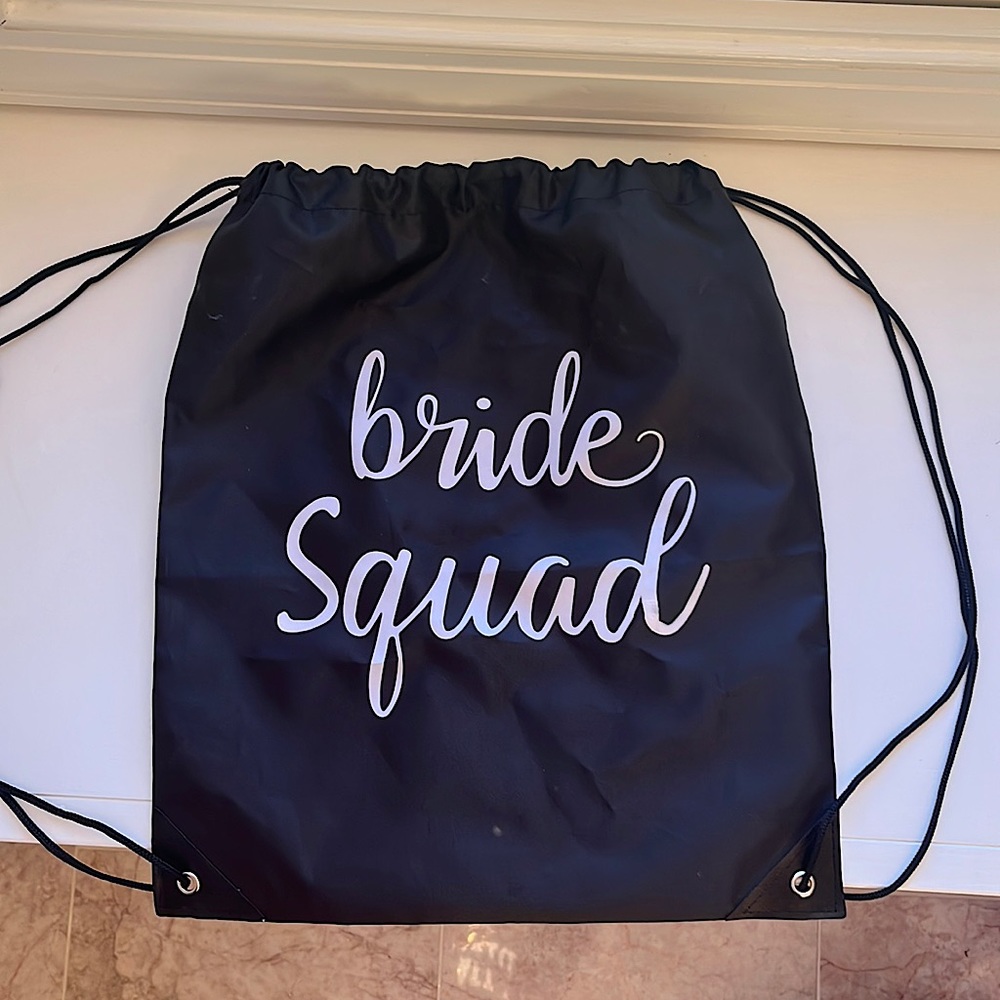 “Bride Squad” drawstring bag. Lightly used